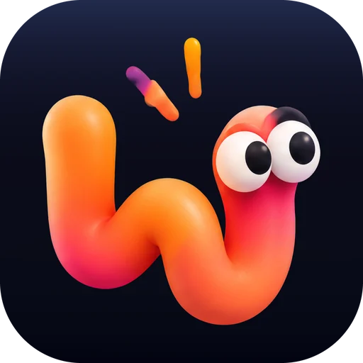 The Wiggled app icon: an orange-to-pink worm shaped like a W, with googly eyes, on a dark navy tile.