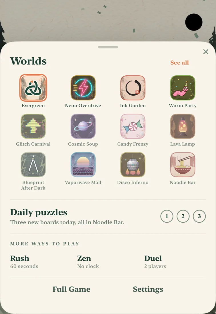 The menu: all 12 worlds, three daily puzzles today in Disco Inferno, and more ways to play: Rush (60 seconds), Zen (no clock) and Duel (2 players), plus Full Game and Settings.
