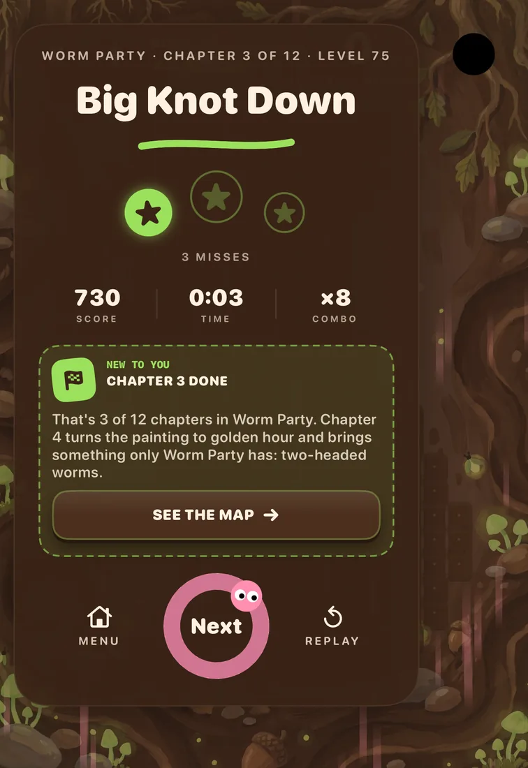 Worm Party chapter 3 cleared at level 75, the boss board Big Knot Down: 730 points, a ×8 combo, and a note that chapter 4 turns the painting to golden hour and brings something only Worm Party has: two-headed worms.
